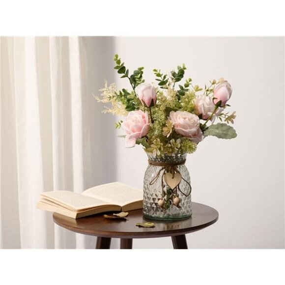 Artificial Flowers Silk Roses Flower Bouquet in Vase, Faux Flower (Pink) - Picture 4 of 6